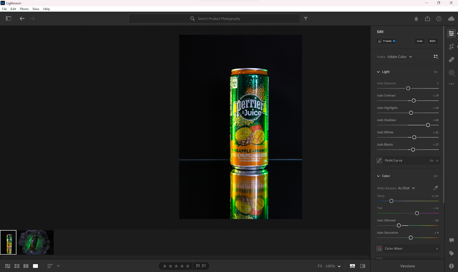 editing the perrier photo in Adobe Lightroom